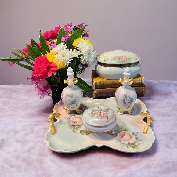 Hand Painted Porcelain Vanity Dresser Set-Perfume Bottles-Powder Jar-Jewelry Box - Picture 1 of 11